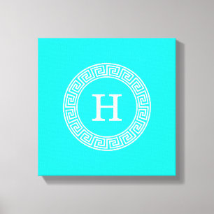 Brt Aqua Wht Greek Key RND Lijst Initiaal Monogram Canvas Afdruk