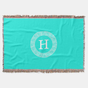 Brt Aqua Wht Greek Key RND Lijst Initiaal Monogram Deken