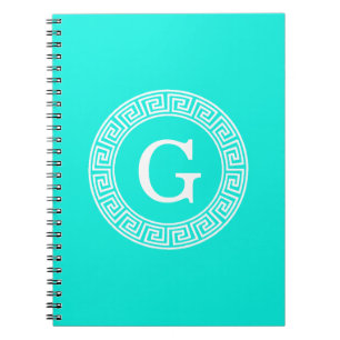 Brt Aqua Wht Greek Key RND Lijst Initiaal Monogram Notitieboek