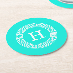 Brt Aqua Wht Greek Key RND Lijst Initiaal Monogram Ronde Kartonnen Onderzetter