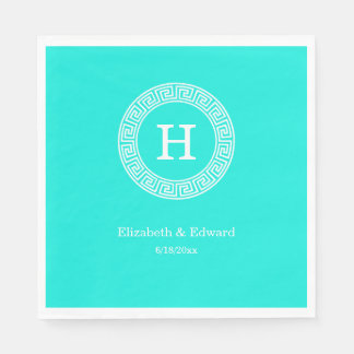 Brt Aqua Wht Greek Key RND Lijst Initiaal Monogram Servetten