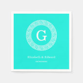 Brt Aqua Wht Greek Key RND Lijst Initiaal Monogram Servetten (Voorkant)