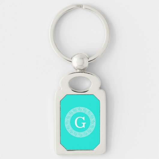 Brt Aqua Wht Greek Key RND Lijst Initiaal Monogram Sleutelhanger (Voorkant)