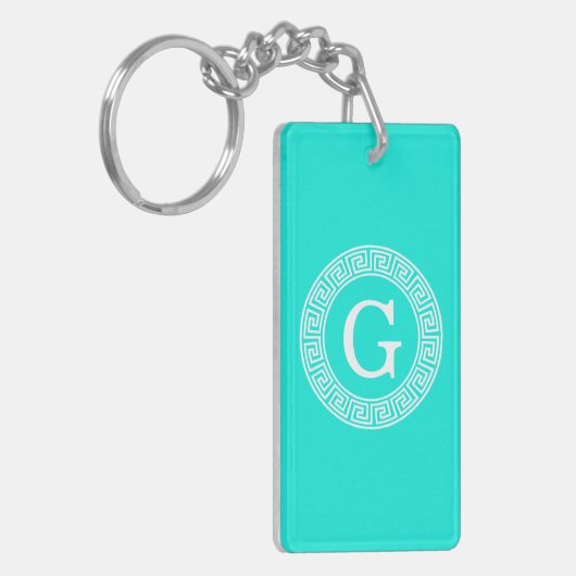 Brt Aqua Wht Greek Key RND Lijst Initiaal Monogram Sleutelhanger (Voorkant Links)