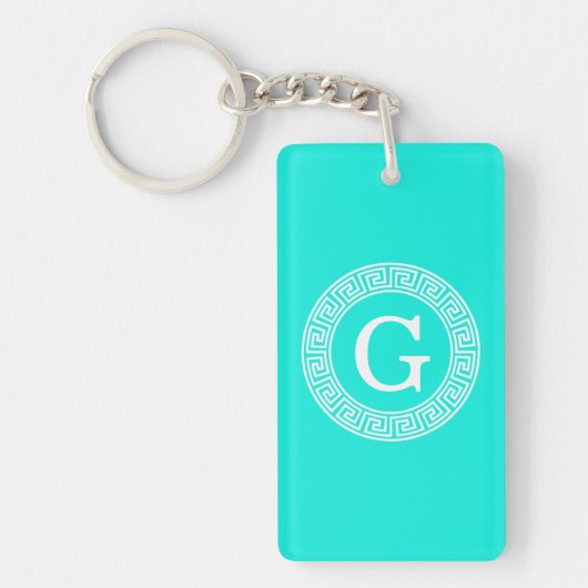 Brt Aqua Wht Greek Key RND Lijst Initiaal Monogram Sleutelhanger (Voorkant)