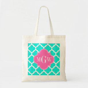 Brt Aqua Wht Moroccan #5 HotPink2 Initiaal Monogra Tote Bag