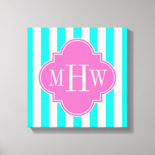 Brt Aqua Wt Stripe HotPink#2 Quatrefoil 3 Monogram Canvas Afdruk