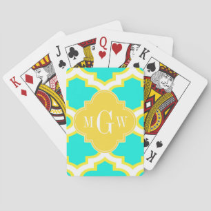 BRT Aqua Yellow Wht Quatrefoil 3 Initiaal Monogram Pokerkaarten