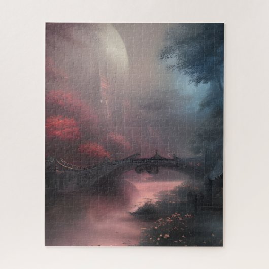 Brug en kasteel op Dark Misty Night Legpuzzel (Verticaal)