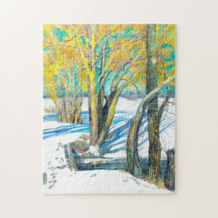 Brug in het winterschilderij Waterverf Legpuzzel