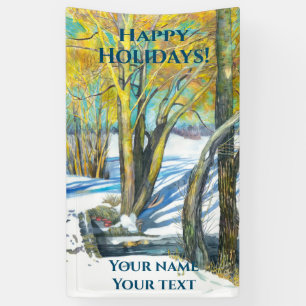 Brug in het winterschilderij Waterverf Spandoek