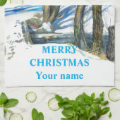 Brug in het winterschilderij Waterverf Theedoek (Gevouwen)