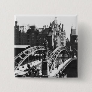 Brug in Speicherstadt Hamburg, c.1910 Vierkante Button 5,1 Cm