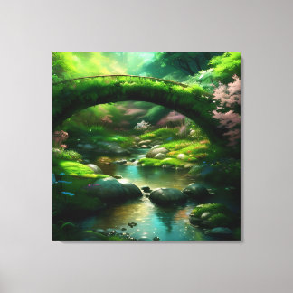 Brug over een beek in het bos. 1 canvas afdruk