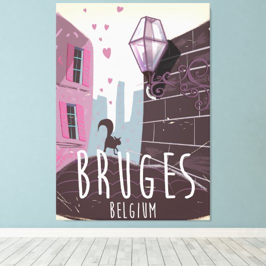 Brugge, België cartoon reisposter Canvas Afdruk (Insitu (Houten vloer))