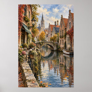 Brugge België Kanaal en Stenen Brug Muurkunst Poster