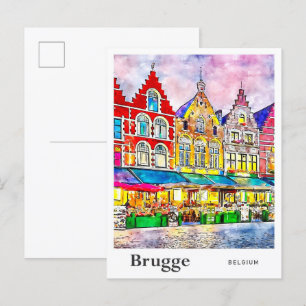 Brugge België Reizen Waterverf Hand getrokken Briefkaart