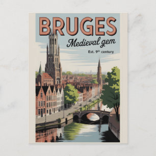 Brugge België Retro Silhouette Stadslandschap Reiz Briefkaart