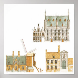 Brugge België. Stadshal en traditioneel Poster