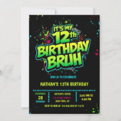 Bruh 12th Birthday Boy Neon Modern Invitation (Devant)