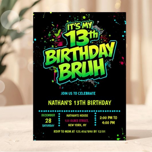 Bruh 13th Birthday Boy Neon Modern Invitation