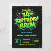 Bruh 14th Birthday Boy Neon Modern Invitation Kaart (Voorkant)