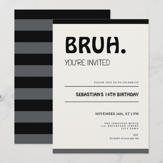 Bruh 14th Birthday Invitation Teens Boy Party Kaart (Voorkant / Achterkant)