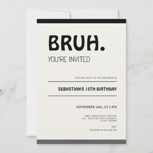 Bruh 15th Birthday Invitation Teens Boy Party (Devant)