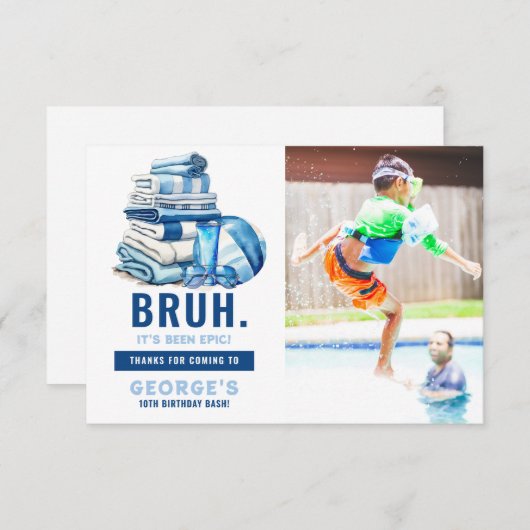 BRUH Blue Pool Party Boy Verjaardag Bedankkaart (Voorkant / Achterkant)