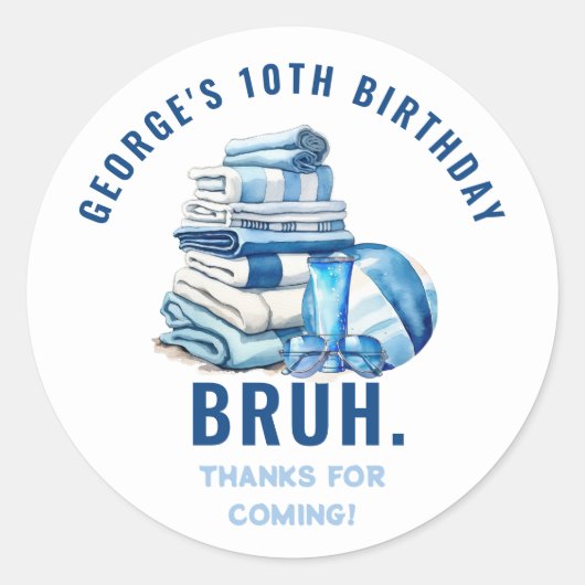 BRUH Blue Pool Party Boy Verjaardag Dank u Ronde Sticker (Voorkant)