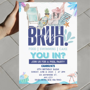 BRUH Blue Pool Party Boy Verjaardag Uitnodiging