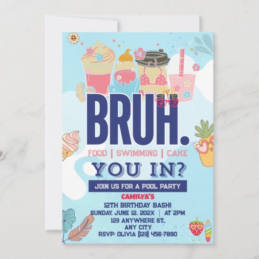 BRUH Blue Pool Party Boy Verjaardag Uitnodiging (Voorkant)
