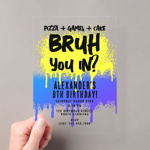 Bruh Boy's Birthday Neon Graffiti Geel Blauw Acryl Uitnodigingen