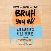 Bruh Boy's Birthday Neon Graffiti Sinaasappel Blau Acryl Uitnodigingen (Voorkant)