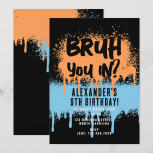 Bruh Boy's Birthday Neon Graffiti Sinaasappel Blau Kaart