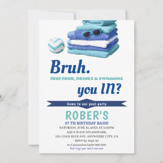 BRUH Boys Blue Pool Party Anniversaire Invitation (Devant)