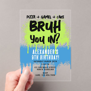 Bruh Boy's Verjaardagsfeest Neon Graffiti Groen Bl Acryl Uitnodigingen