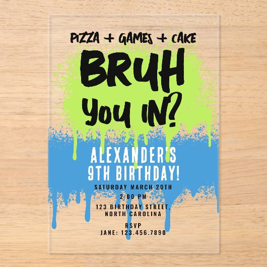 Bruh Boy's Verjaardagsfeest Neon Graffiti Groen Bl Acryl Uitnodigingen (Voorkant)