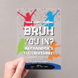 Bruh Boy's Verjaardagsfeestje Tiener Spring trampo Acryl Uitnodigingen