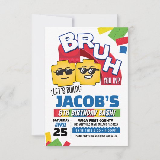 Bruh Building Block Birthday Invitation Kaart (Voorkant)