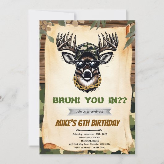 Bruh camo deer hunting party invitation (Devant)
