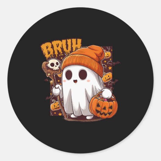 Bruh Ghost Happy Halloween Trick Or Treat Pumpkin Ronde Sticker (Voorkant)