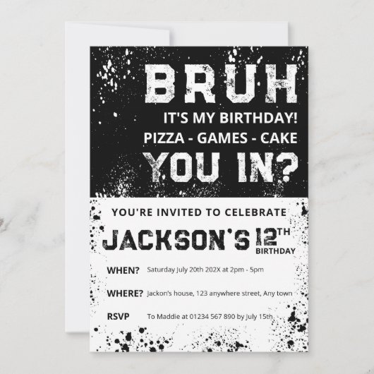 BRUH Grunge Paint Splatter Boy Birthday Invitation (Devant)