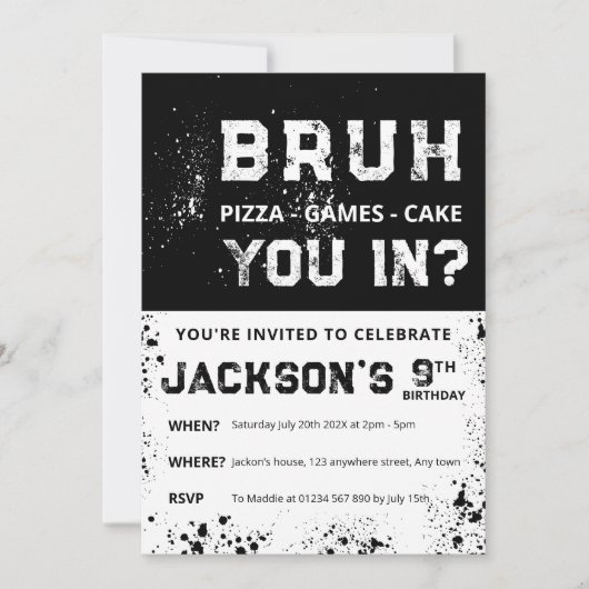 BRUH Grunge Paint Splatter Boy Birthday Invitation (Devant)