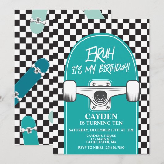 BRUH ! Invitation d'anniversaire de skateboard (Devant / Derrière)