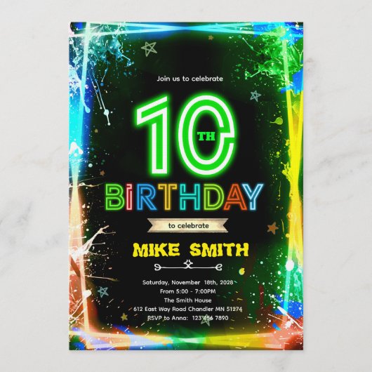 Bruh neon 10 birthday invitation kaart (Voorkant)