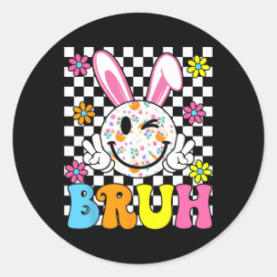 Bruh Paasdag Funny Bunny Eggs Groovy Smile Face Ronde Sticker