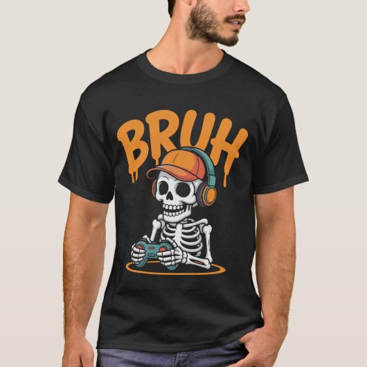 Bruh Skeleton Gamer Halloween T-Shirt – Funny Vide (Voorkant)