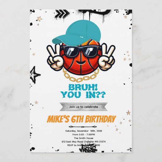 Bruh Teen basketball Party Invitation Kaart (Voorkant)