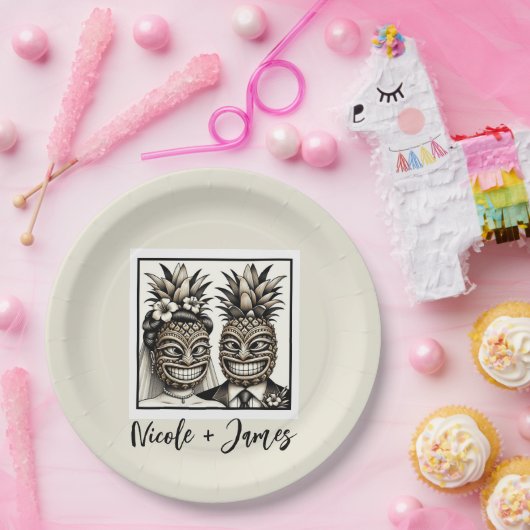 Bruid & bruidegom Aloha Ananas Tiki Bruiloft Papieren Bordje (Feest)